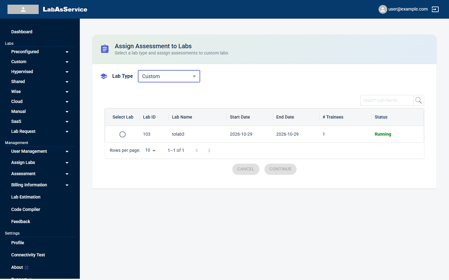 Assign assessment to labs, with the Custom lab type selected