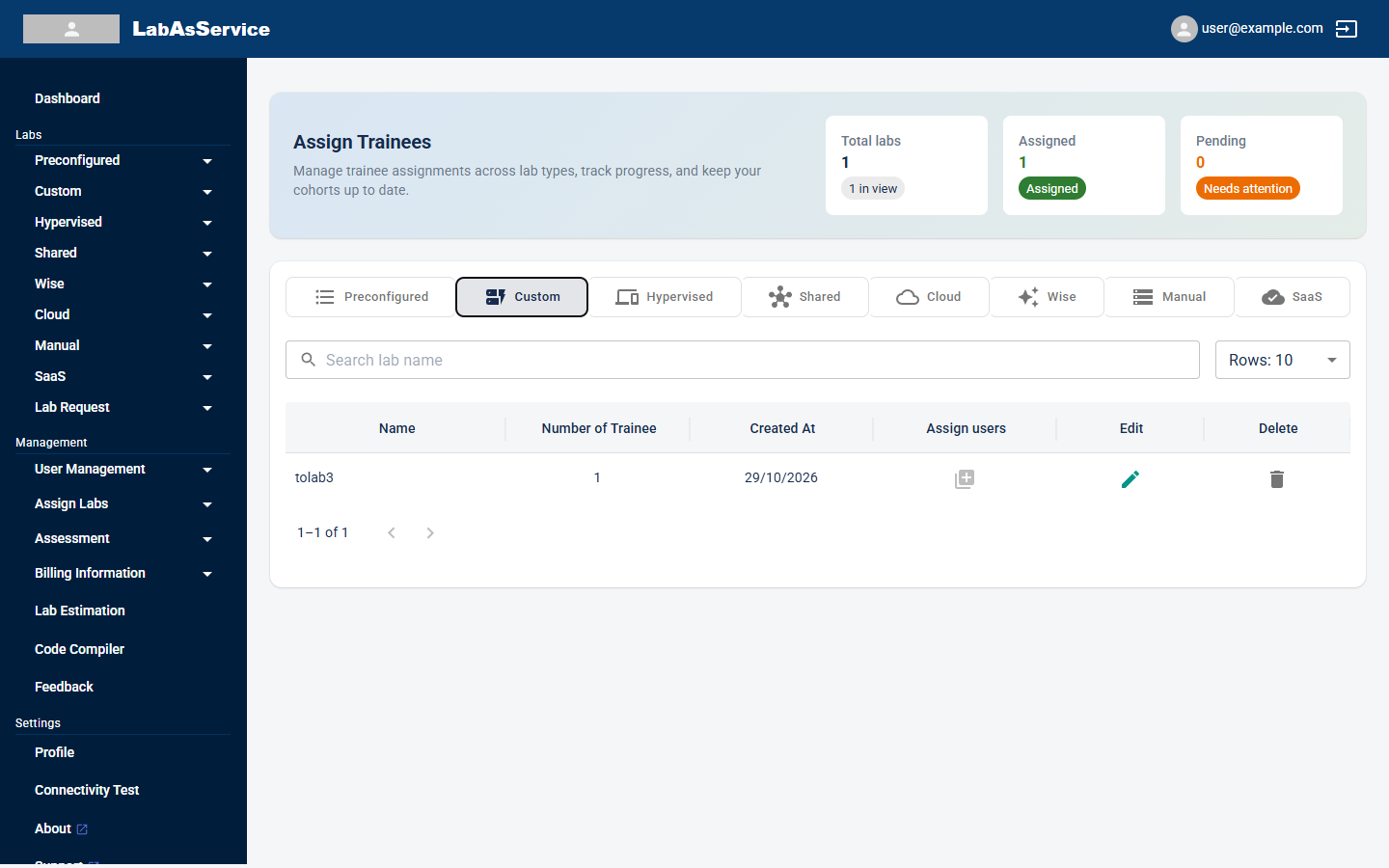 Assign trainees, Custom labs