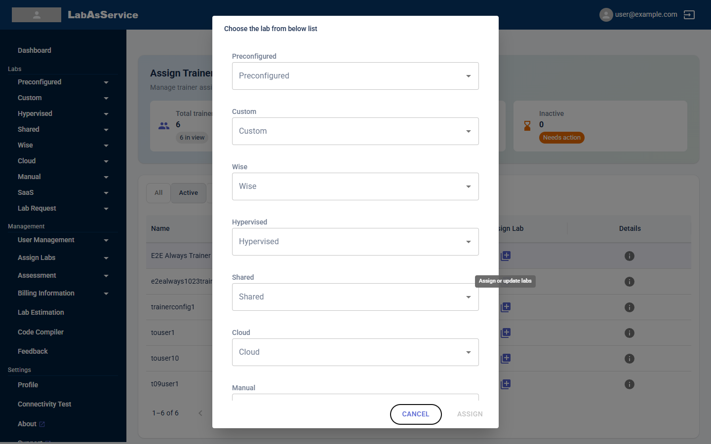 Choose the lab dialog