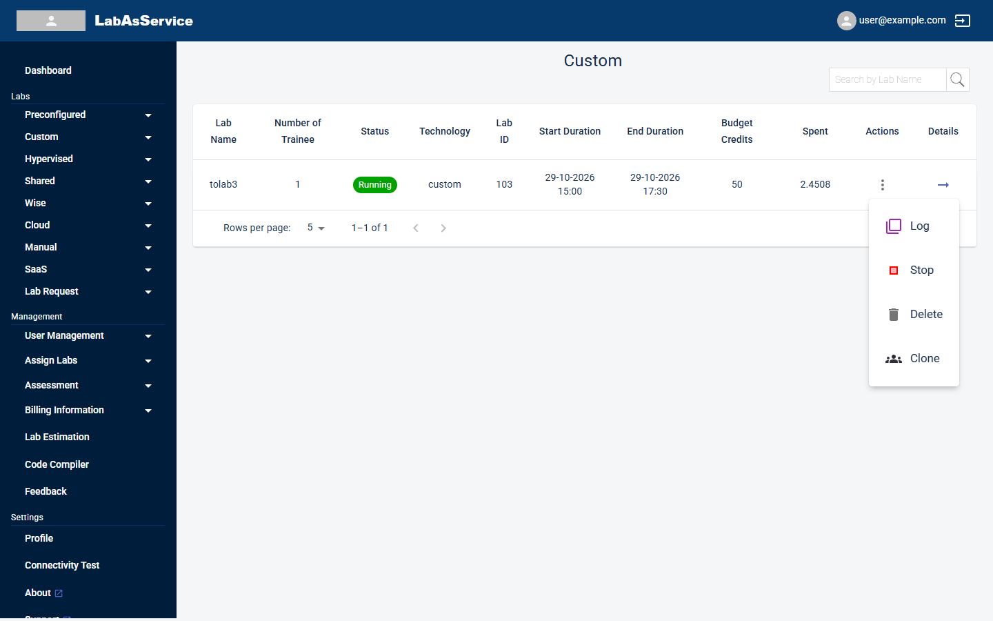 Actions menu