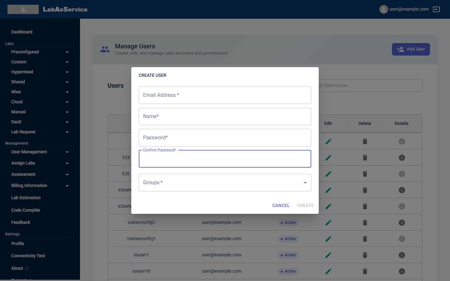 Create user dialog
