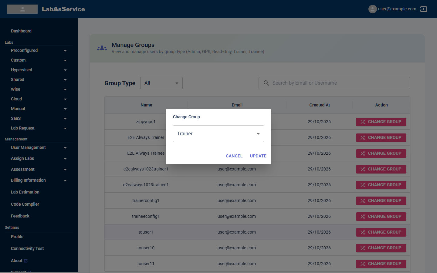 The Change Group dialog