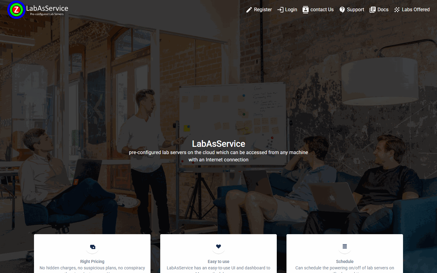 The LabAsService home page, with the Register link in the header