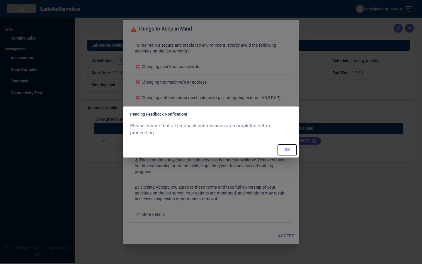 Dialogs shown when the lab details page opens